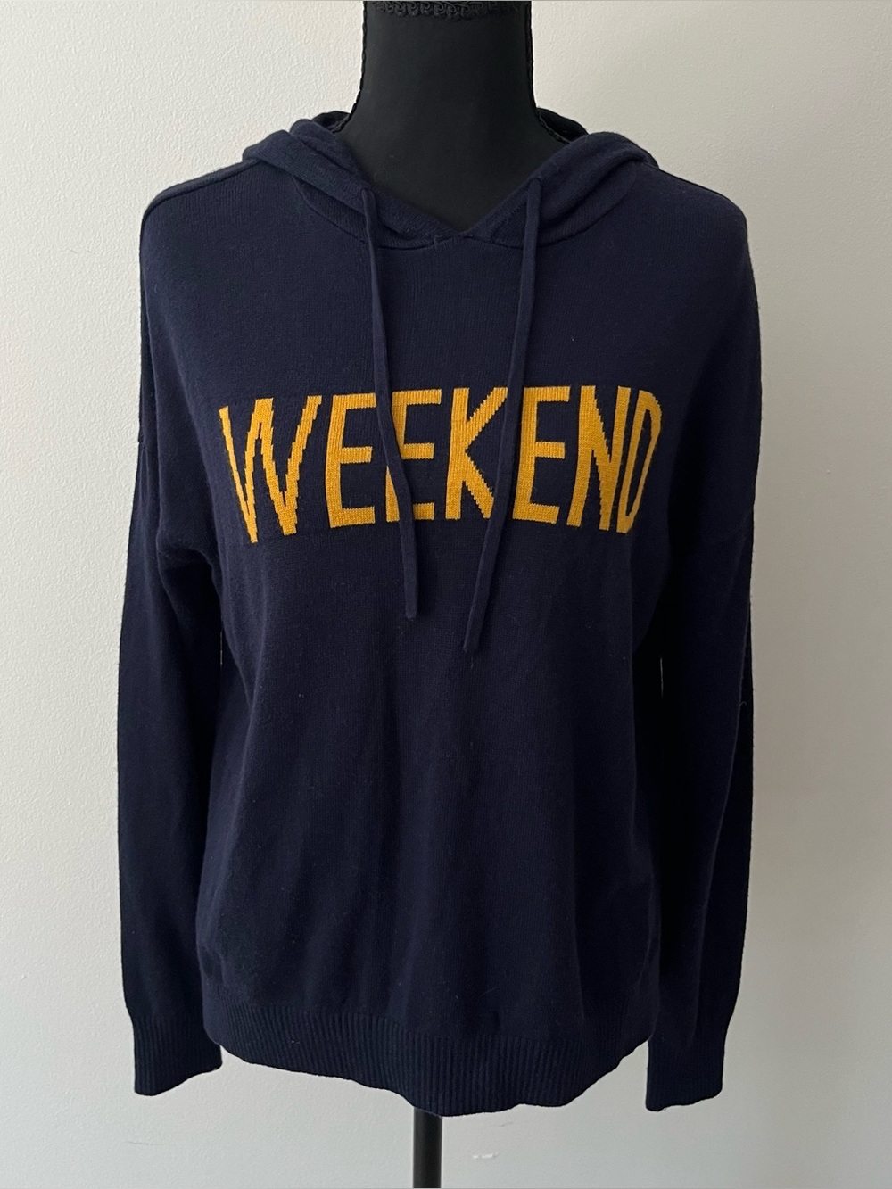 Rachel Zoe Navy Gold Cashmere Blend Lightweight Knit Hoodie Weekend Spell Out M